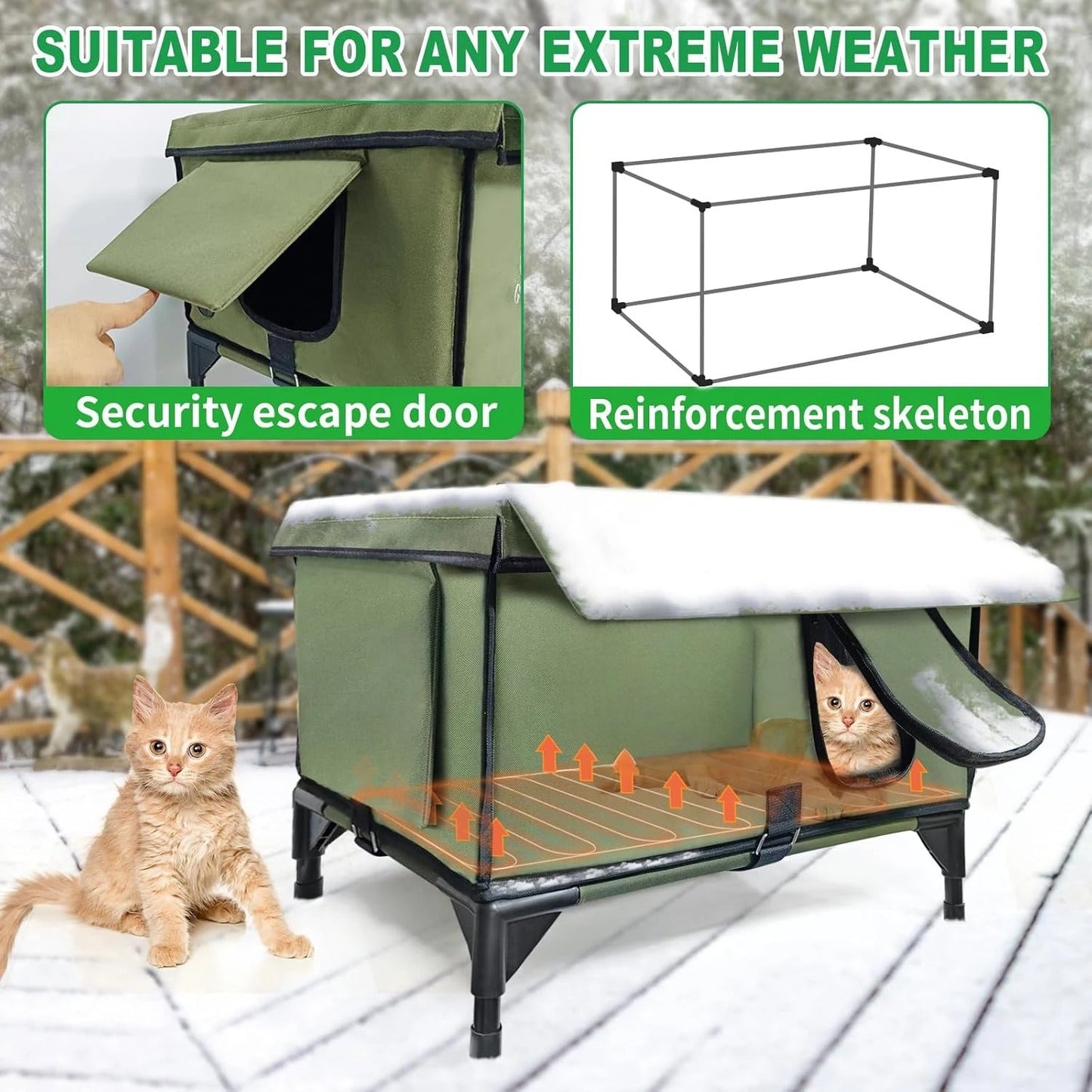 Waterproof Outdoor Heated Cat Shelter – Rainproof Winter House with Built-In Heater & Safety Escape Doors for Feral Cats