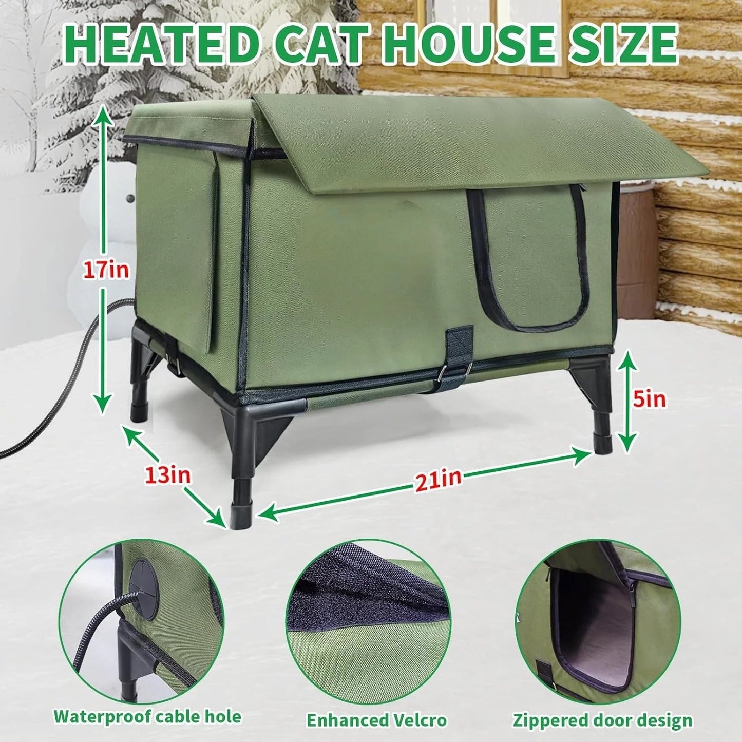 Medium Outdoor Heated Cat Shelter – Waterproof Winter House with Built-In Heater, Rainproof Eaves & Safety Escape Doors
