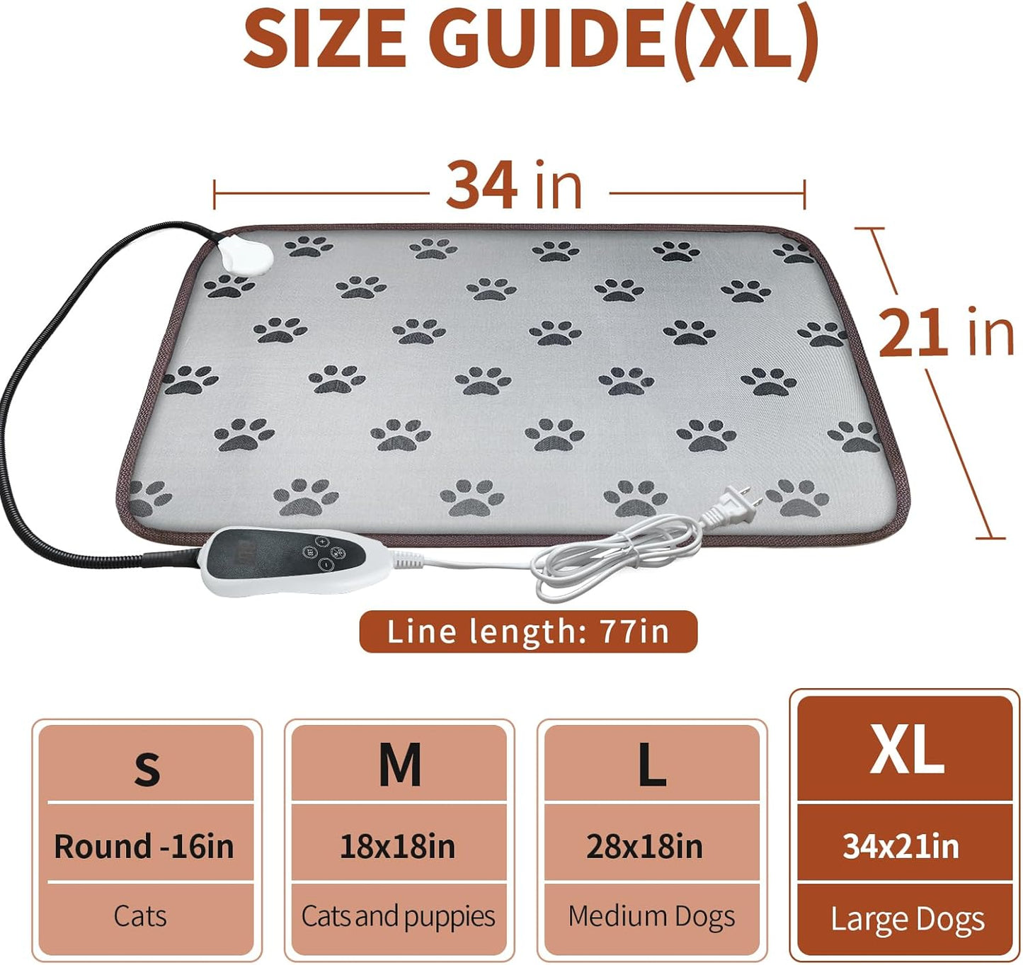 Waterproof Heated Dog Pad – 28"x18" Thermostat-Controlled Pet Bed with Non-Slip Wire Rope & Paw Print Design