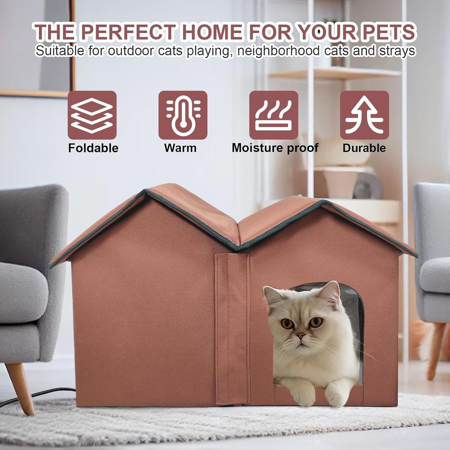 Large Heated Cat House – Insulated Indoor/Outdoor Shelter with Dual Doors & Removable Heating Pad