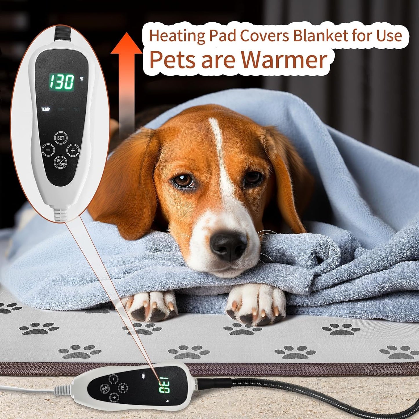 Waterproof Heated Dog Pad – 28"x18" Thermostat-Controlled Pet Bed with Non-Slip Wire Rope & Paw Print Design