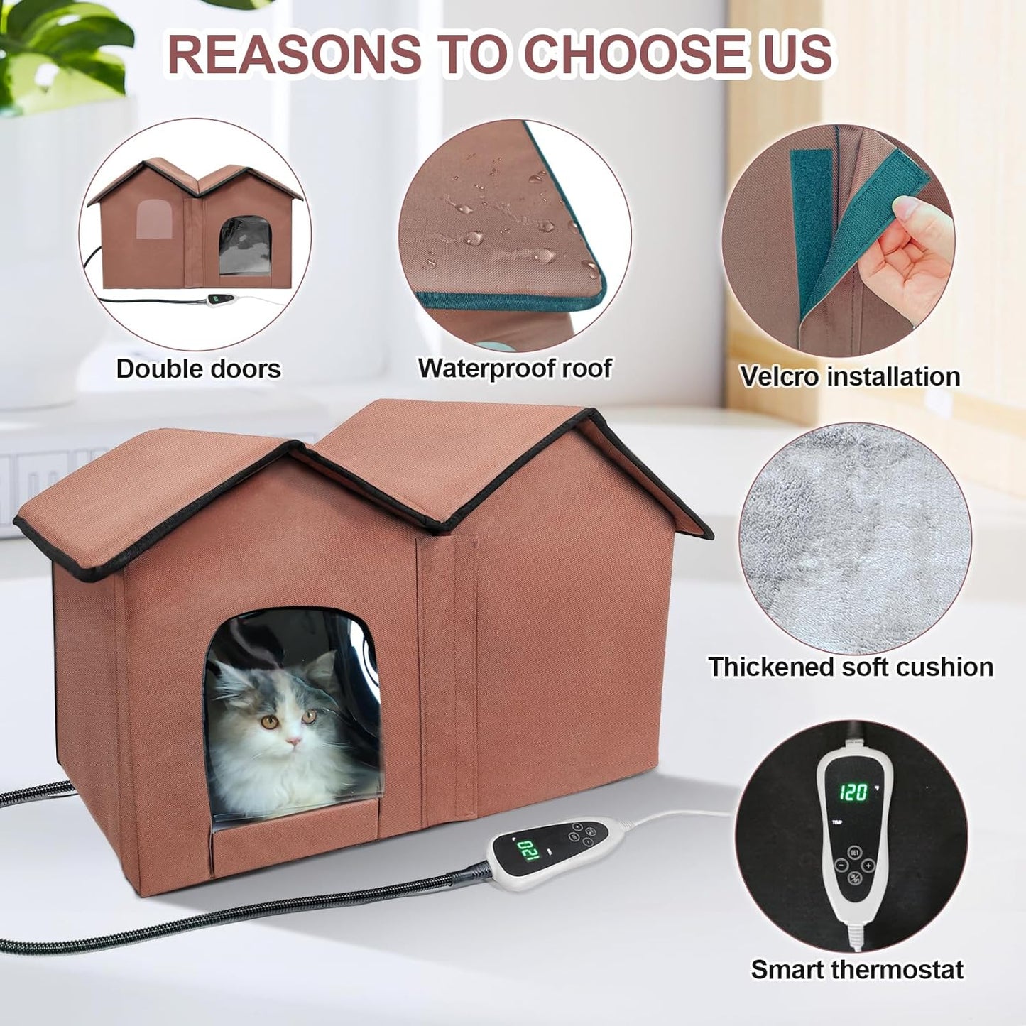 Large Heated Cat House – Insulated Indoor/Outdoor Shelter with Dual Doors & Removable Heating Pad